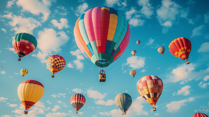 Joyful Celebration: Colorful Hot Air Balloons Against Clear Blue Sky