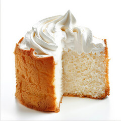 A slice of fluffy angel food cake with a dollop of whipped cream, isolated on white background