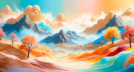 Poster - Abstract Landscape with Colorful Mountains and Trees