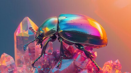 Wall Mural - beetle sitting on a crystal cluster with a colorful background