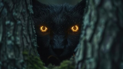 Wall Mural - black cat with glowing eyes peeking out of a tree