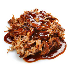 A serving of slow-cooked pulled pork, shredded and covered in barbecue sauce, isolated on white background