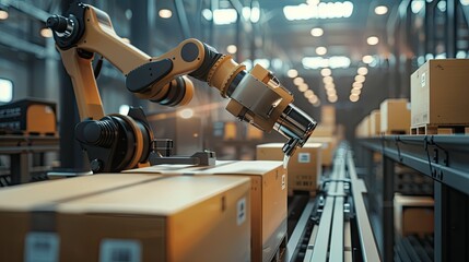 A sleek, futuristic robot arm carefully packages a customer's order, ensuring each item is securely wrapped and protected. The robot then attaches a shipping label and places 