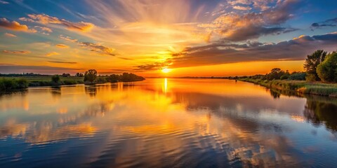 Wall Mural - Sunset casting a warm glow over a calm river , peaceful, scenic, nature, tranquil, dusk, reflection, water, evening, orange, sky
