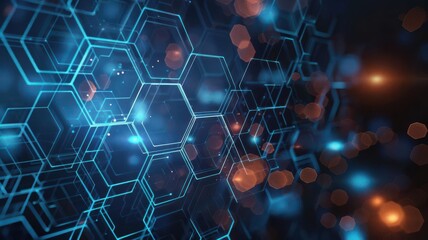 Futuristic digital background with interconnected glowing hexagons and intricate geometric hi-tech patterns