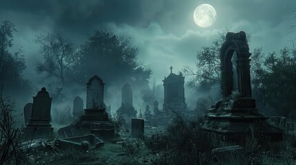 Wall Mural - cemetery with a full moon in the background