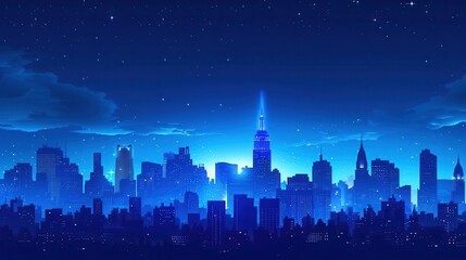 Wall Mural - city at night with a bright blue sky and stars