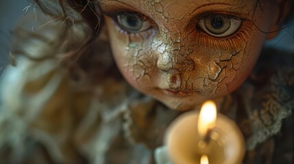 Wall Mural - close up of a doll with a candle in front of it