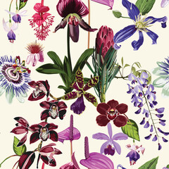 Wall Mural - Tropical floral seamless pattern background with exotic dark flowers, palm leaves, jungle leaf, orchid, visteriae flower, protea. Botanical wallpaper illustration in Hawaiian style.