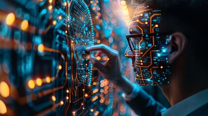 Canvas Print - AI computing with neural engine CPU. Artificial Intelligence for big data analytics, robotic process automation. Man working on neural network microchip for hardware accelerated machine learning.