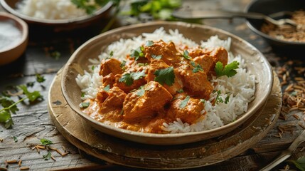 Wall Mural - aromatic indulgence chicken tikka masala with fragrant rice on rustic clay plate food photography