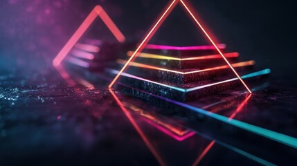 Wall Mural - Futuristic neon pyramids with glowing edges reflecting on a dark, sleek surface, creating a vibrant, tech-inspired aesthetic.