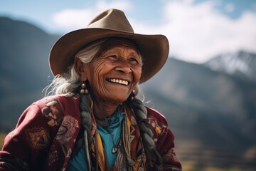 Sticker - Portrait of a joyful indian woman in her 60s wearing a rugged cowboy hat isolated on backdrop of mountain peaks