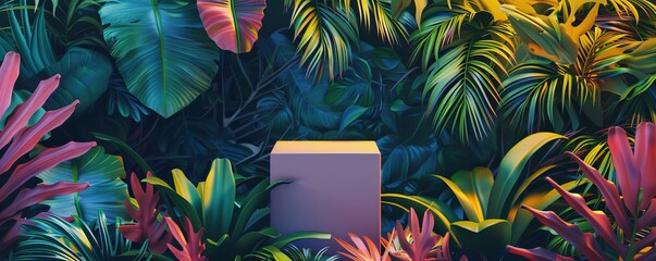 Wall Mural - Colorful tropical foliage with a blank cube in the center, vibrant jungle concept