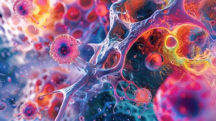 Wall Mural - cellular genesis microscopic view of regenerating body cells in vivid colors scientific illustration