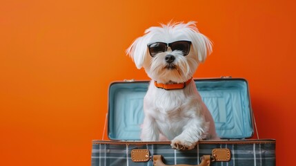 Small white dog with sunglasses in a suitcase against orange background. Fun and playful pet photo for various uses. Can be used for travel-related content, pet care, or fashion concepts. AI