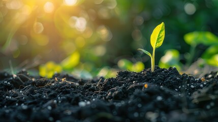 Poster - closeup macro photo of young green plant sprout emerging from rich black soil in bright sunshine growth and new life concept