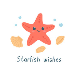 Hand drawn cute starfish, seashells and text. Marine life animals. Template for print, greeting card and invitation. Isolated vector illustration. 