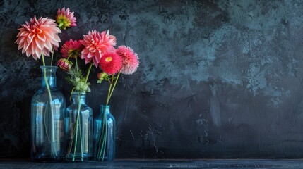 Wall Mural - Arrangement of dahlias and dill in glass vases with copy space