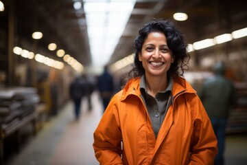 Wall Mural - Portrait of a grinning indian woman in her 50s wearing a lightweight packable anorak in front of bustling factory floor