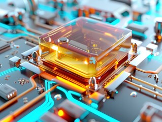 Poster - Closeup of a futuristic circuit board featuring a glowing module, showcasing advanced technology and vibrant, intricate electronic components.