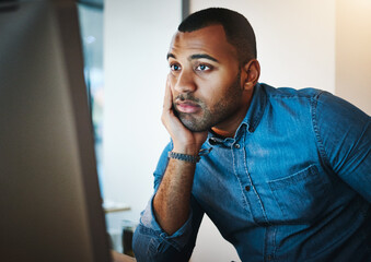 Aufkleber - Businessman, computer and bored or tired in office with stress, feeling lazy and work burnout at night. Male employee, fatigue and frustrated for challenge with internet fail, overtime and 404 glitch