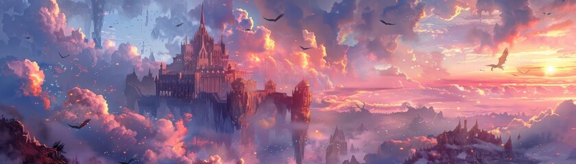 Wall Mural - A colorful sky with a castle in the background