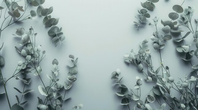 delicate eucalyptus branches on pastel gray background minimalist top view mockup image highquality photo