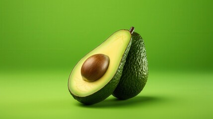 Avocado Half and Whole on Green Background