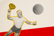 © deagreez - Composite trend artwork 3D photo collage of sport effort exercise dynamic silhouette aged senior play game tennis court racket throw ball