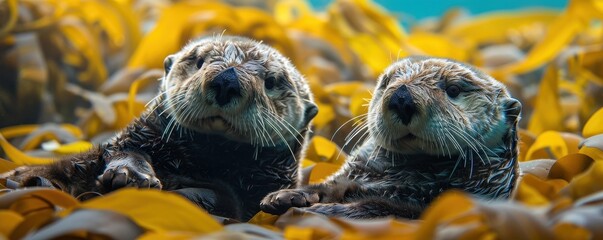 Two adorable sea otters rest among vibrant seaweed underwater in this captivating nature photograph, showcasing their playful and serene habitat.