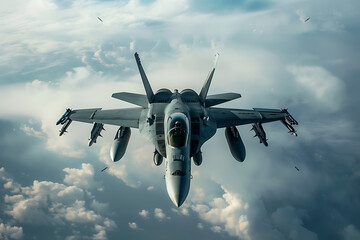 Wall Mural - Modern fighter jet soaring through a cloudy sky, showcasing its power and agility during a military exercise or airshow.