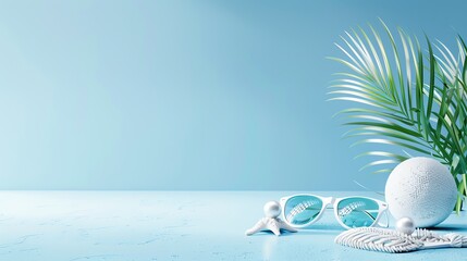 Minimalist summer beach background with sunglasses, seashell, and palm leaf on a blue surface, perfect for vacation and travel concepts.
