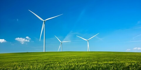 Wall Mural - Wind turbines generate renewable energy in a green environment under a blue sky. Concept Renewable energy, Wind turbines, Green environment, Blue sky, Sustainability