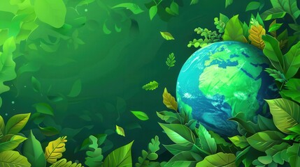 Poster - earth day concept with globe and green leaves sustainable living digital illustration