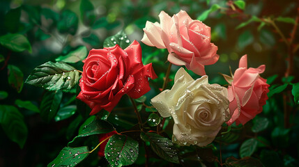 Wall Mural - Close-up of vibrant red and white roses with dew drops on their petals. The image highlights the beauty and freshness of blooming flowers