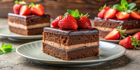 Wall Mural - Chocolate cake slices topped with fresh strawberries.