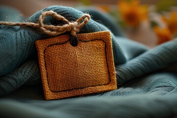 A photo of an empty, blank brown rectangular tag with rounded corners and tied at the top laying on dark blue fabric . The background is out-of-focus sunflower field.