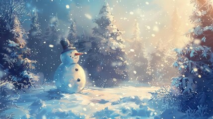 Wall Mural - enchanting winter wonderland with glistening snow tranquil pine trees and a magical snowman digital art