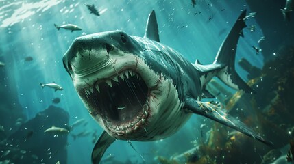 Canvas Print - Underwater view of a great white shark with sharp teeth, swimming among fish in the ocean. This image showcases marine wildlife in their natural habitat. Ideal for educational and thematic use. AI