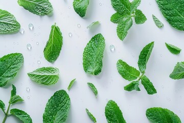 Wall Mural - vibrant sprigs of fresh mint arranged artfully on crisp white background droplets of water glistening on leaves embodying freshness and natural vitality