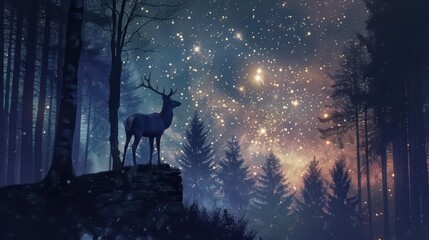 Wall Mural - ethereal moonlit forest enchanted deer silhouette against starry night sky digital painting