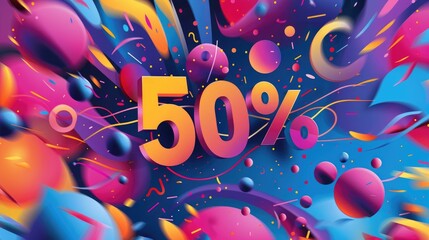 Vibrant abstract discount design featuring a colorful explosion and bold '50%' lettering, perfect for promotions and advertising campaigns.