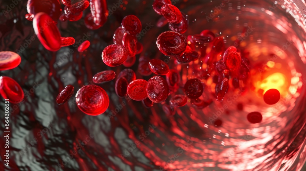 A highly detailed 3D rendering of red blood cells flowing through an ...