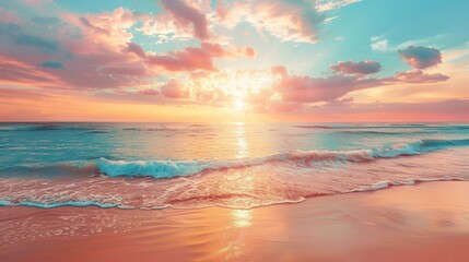 Sticker - Closeup of sea beach and colorful sunset sky. Panoramic beach landscape. Empty tropical beach and seascape. Orange and golden sunset sky, soft sand, calmness, tranquil relaxing sunlight, summer mood