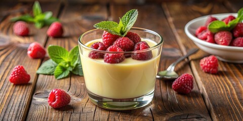 Wall Mural - Vanilla pudding with raspberries and mint.