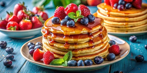 Wall Mural - Stack of pancakes with berries and syrup.