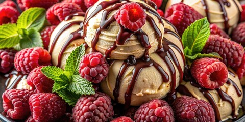 Poster - Ice cream sundae with raspberries and chocolate drizzle.