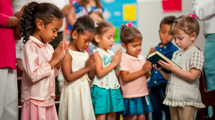 a  of children in a Sunday school class, each holding a Bible and bowing their heads in prayer, Backgrounds, People, Praying, Heaven, Religion, Bible, with copy space