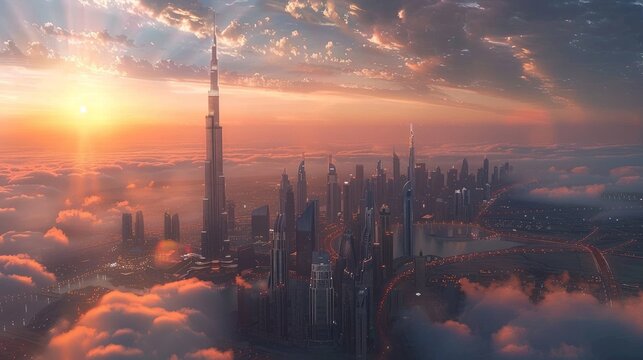Dubai city 3d concept background. amazing city center skyline with luxury skyscrapers at sunrise, United Arab Emirates 